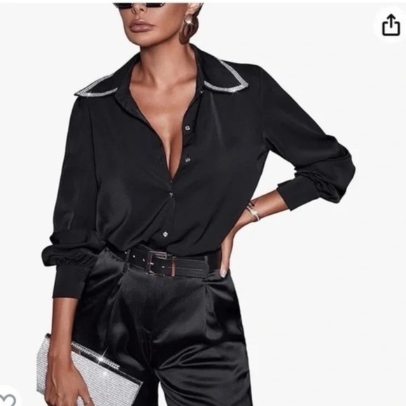 Jason Wu Black Satin Button Up Blouse With Rhinestones size S - Picture 3 of 10